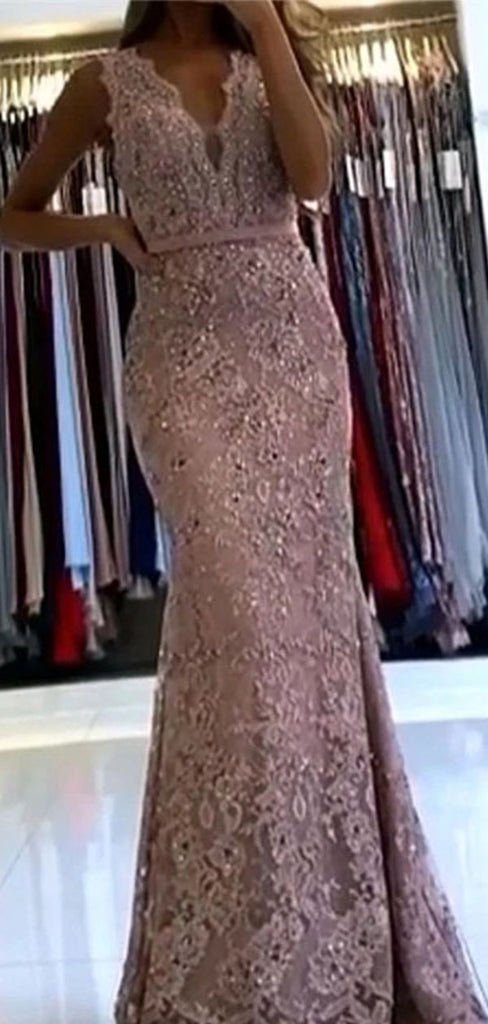 Sexy Pink V-Neck Spaghetti Strap Mermaid  Long Prom Dress Ideas, Evening Party Dresses,WGP1715