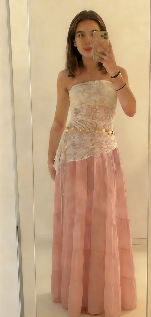 Unique Lace Strapless Prom Dress Pretty Two-Tone A-Line Floor Length Evening Dress,WGP2068