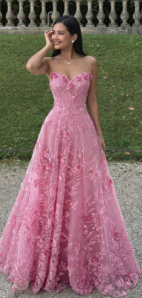 Elegant Strapless Pink Lace Prom Dress with 3D Floral Appliques,WGP2137