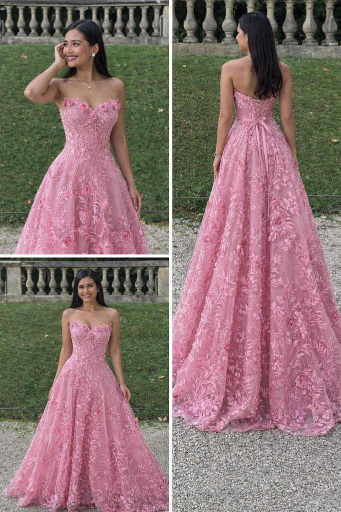 Elegant Strapless Pink Lace Prom Dress with 3D Floral Appliques,WGP2137