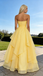 Elegant Strapless Yellow Chiffon Prom Dress Ruffle Layers High Slit Gown,WGP2120