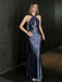 Elegant Navy Satin Halter Neck Prom Dress Sexy Backless Floor Length Formal Gown,WGP2092