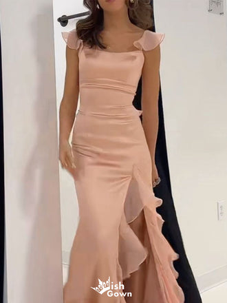 Elegant Pink Spaghetti Strap Mermaid Side Slit Long Prom Dress Ideas, Evening Party Dresses,WGP1826