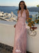 Elegant Blush Pink Lace Halter Prom Dress Sexy Ruched Backless Maxi Gown,WGP2211