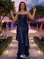 Navy Blue Strapless Mermaid Prom Gown featuring Ruffled Tiered Skirt Ruched Bodice,WGP2190