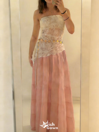 Unique Lace Strapless Prom Dress Pretty Two-Tone A-Line Floor Length Evening Dress,WGP2068