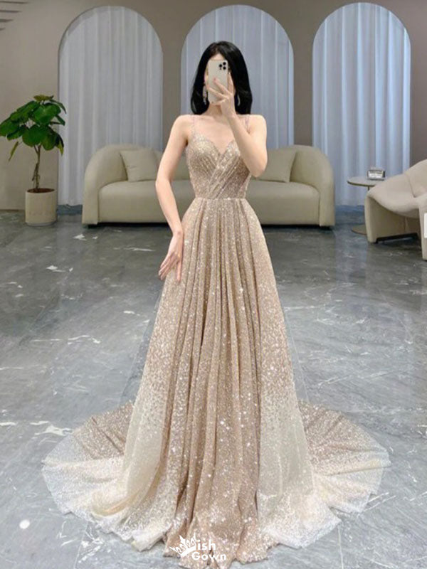 Shiny Gold Spaghetti Strap A-Line Long Prom Dress Ideas, Evening Party Dresses,WGP1602