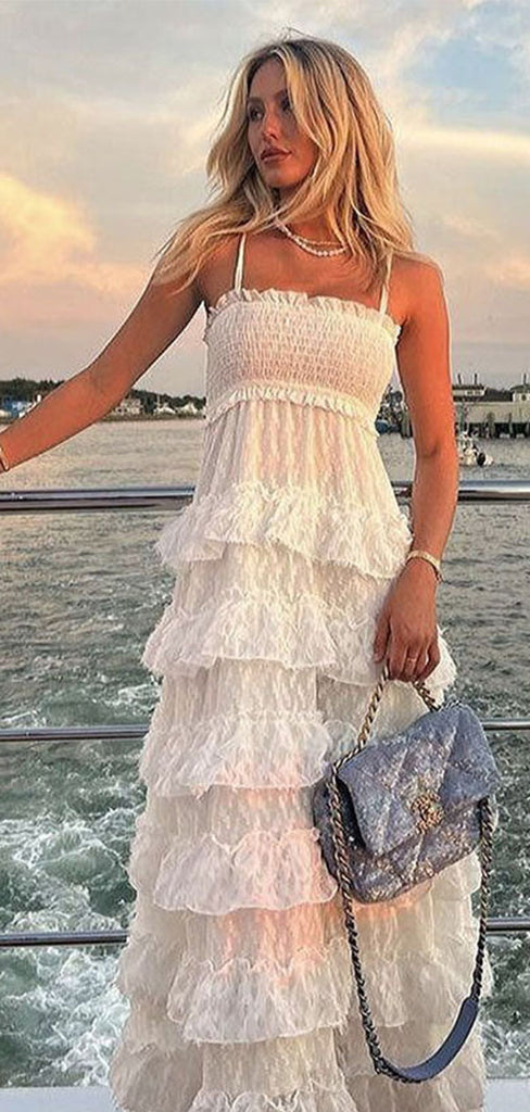 Pretty White Tiered Tulle Prom Dress Sexy Smocked Bodice Sleeveless A-Line Gown,WGP2174