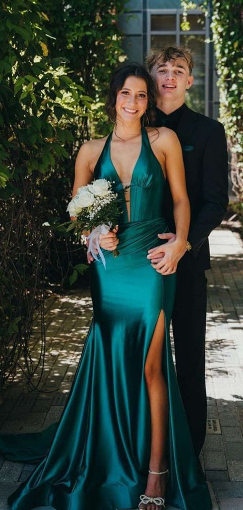 Elegant Green V-Neck Mermaid Side Slit Long Prom Dress Ideas, Evening Party Dresses, WGP1997