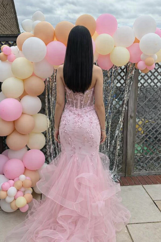Fancy Pink Sweetheart Corset Prom Dress 3D Floral Ruffle Tiered Mermaid Gown,WGP2182