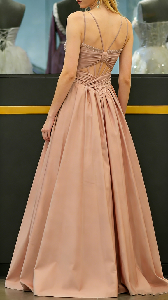 Modern Pink A-Line Prom Dress Unique Cut-Out Bodice Strappy V-Neck Pleated Evening Gown,WGP2076