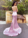 Sexy V Neck Pink Satin Prom Dress Sleeveless Mermaid Gown with High Slit, WGP2045