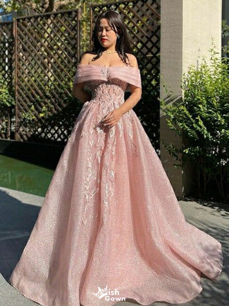 Charming Pink Off-Shoulder A-Line Long Prom Dress Ideas, Evening Party Dresses,WGP1921