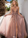 Shiny Pink V-Neck A-Line Side Slit Long Prom Dress Ideas, Evening Party Dresses,WGP1658