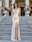 Stunning White Satin Cowl Neck Prom Dress with 3D Rosette Detail and Side Slit,WGP2198