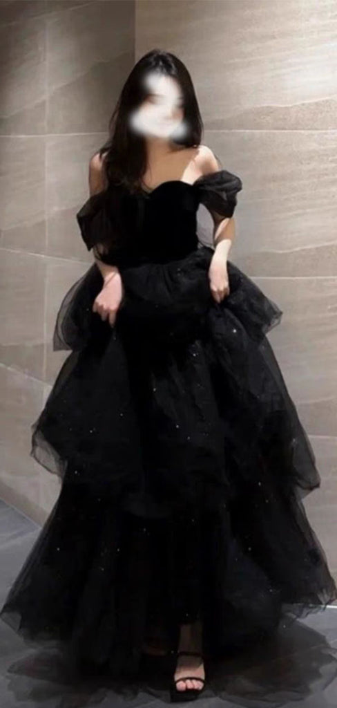 Elegant Black Off-Shoulder A-Line Long Prom Dress Ideas, Evening Party Dresses,WGP1748
