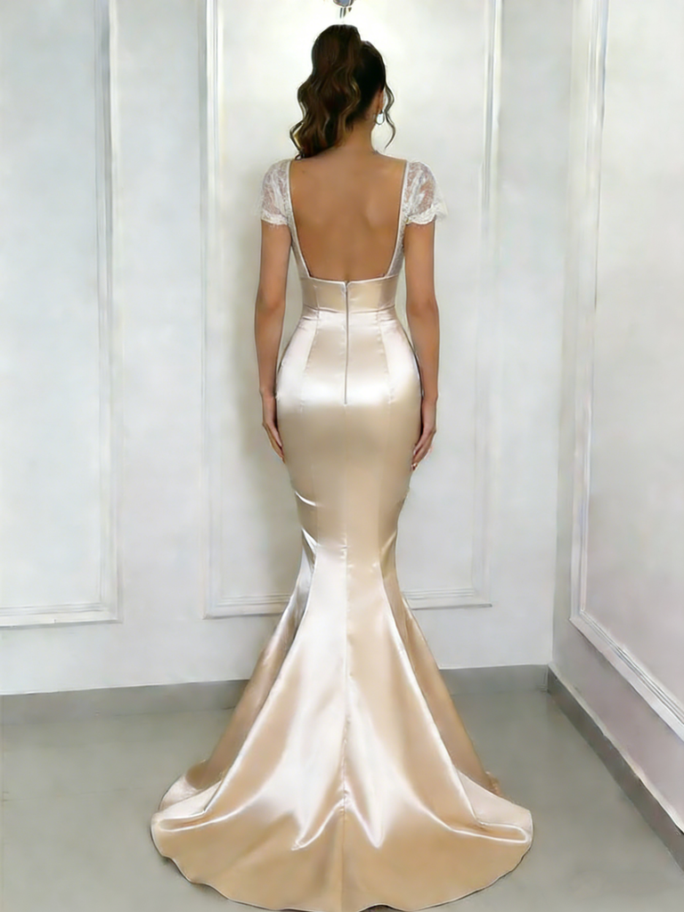 Classy Champagne Satin Prom Gown Lace Cap Sleeve Square Neck Ruched Mermaid Formal Dress,WGP2077