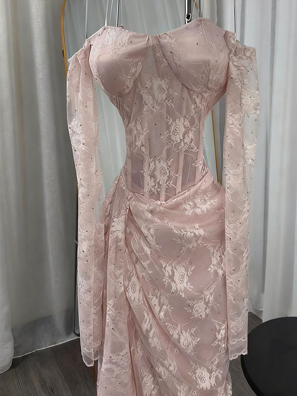 Sexy Pink Long Sleeve Lace Mermaid Long Prom Dress Ideas, Evening Party Dresses,WGP1785