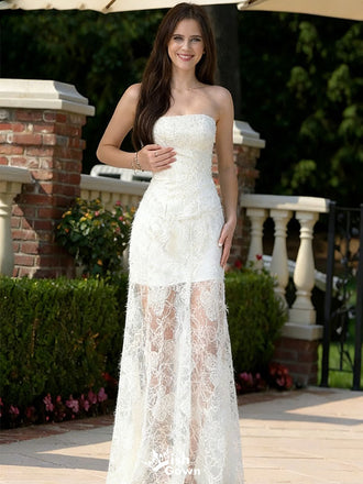 Beautiful White Lace Mermaid Prom Gown Strapless Sheer Overlay Wedding Party Dress,WGP2209