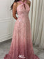 Sparkly Pink Halter A-Line Long Prom Dress Ideas, Evening Party Dresses,WGP1946