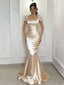 Classy Champagne Satin Prom Gown Lace Cap Sleeve Square Neck Ruched Mermaid Formal Dress,WGP2077