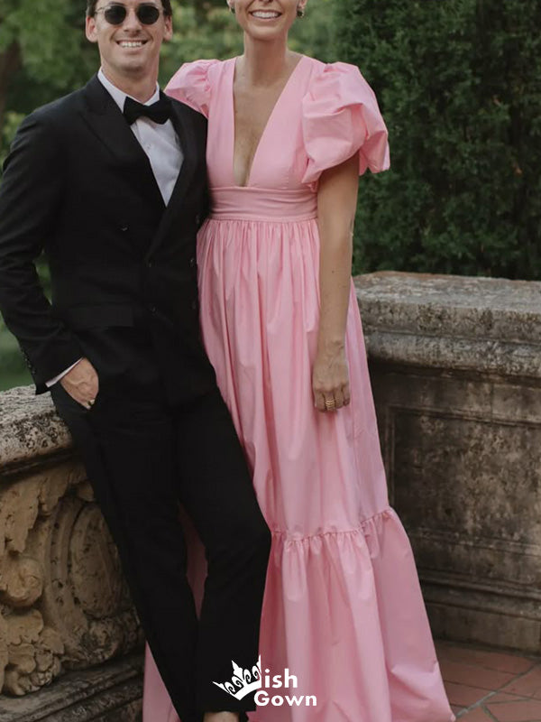 Casual V-neck Short Sleeves A-line Long Prom Dress Ideas, Evening Party Dresses,WGP1847