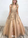 Elegant Champagne V-Neck A-Line Lace Sleeveless&nbsp;Party Prom Dresses,Evening Dress Online, WGP853