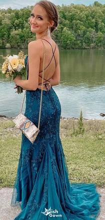 Elegant Spaghetti Strap Mermaid Lace Long Prom Dress Ideas, Evening Party Dresses,WGP1192