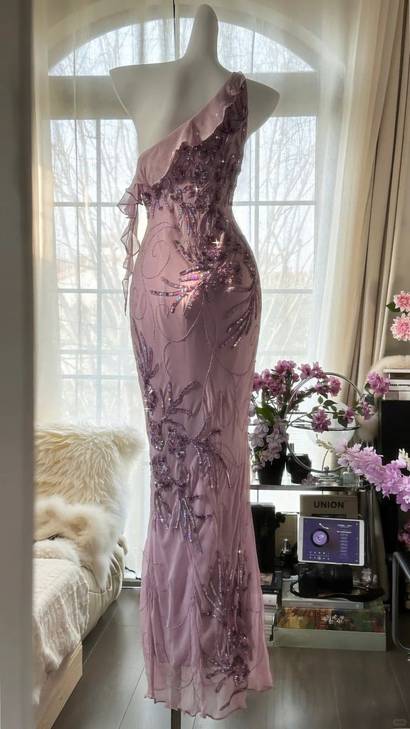 Elegant Pink One-Shoulder Mermaid Long Prom Dress Ideas, Evening Party Dresses,WGP1673