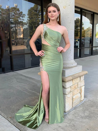 Elegant Green One-Shoulder Mermaid Long Prom Dress Ideas, Evening Party Dresses,WGP1987