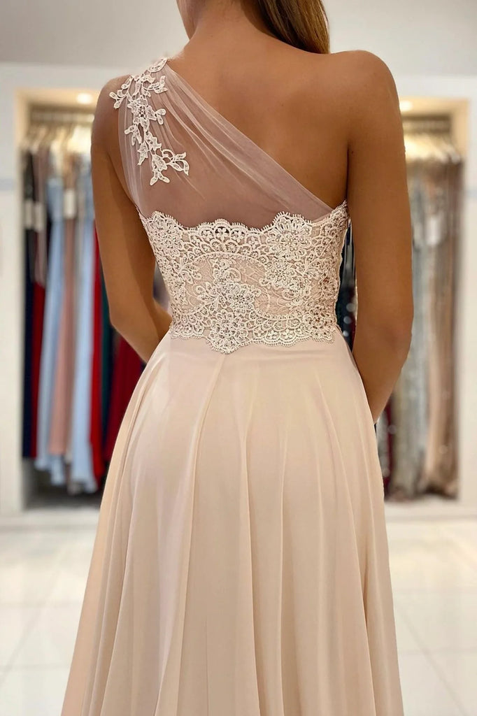 Elegant Champagne One-Shoulder A-Line Long Prom Dress Ideas, Evening Party Dresses,WGP1773