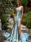 Unique Blue Spaghetti Strap Mermaid Side Slit Long Prom Dress Ideas, Evening Party Dresses,WGP1880
