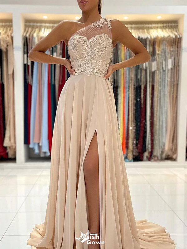 Elegant Champagne One-Shoulder A-Line Long Prom Dress Ideas, Evening Party Dresses,WGP1773