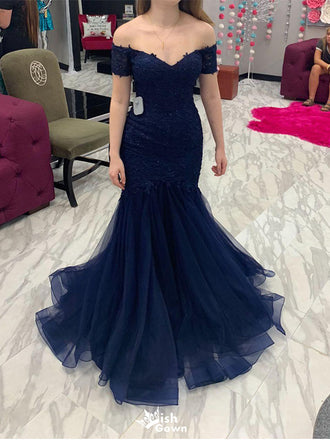 Sexy Navy Blue Off-Shoulder Mermaid  Long Prom Dress Ideas, Evening Party Dresses,WGP1761