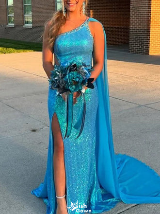 Unique One-shoulder Mermaid Sequins Long Prom Dress Ideas, Evening Party Dresses,WGP1194