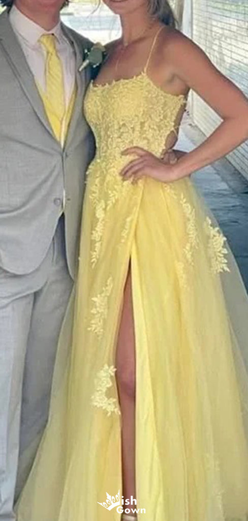 Elegant Square Spaghetti Strap A-line Long Prom Dress Ideas, Evening Party Dresses,WGP1198