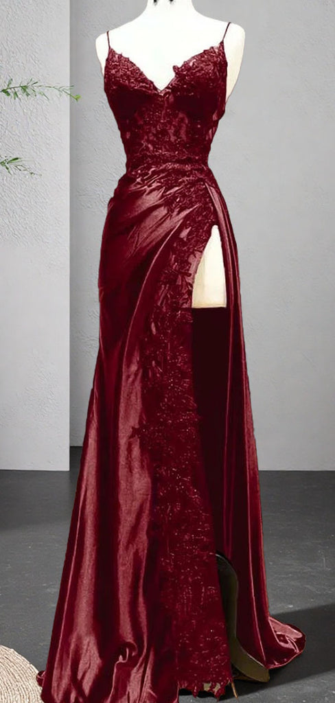 Gorgeous Red Spaghetti Strap Mermaid Side Slit Long Prom Dress Ideas, Evening Party Dresses, WGP1863