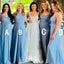 Unique Blue A-Line Cheap Maxi Long Wedding Guest Bridesmaid Dresses,WGM342