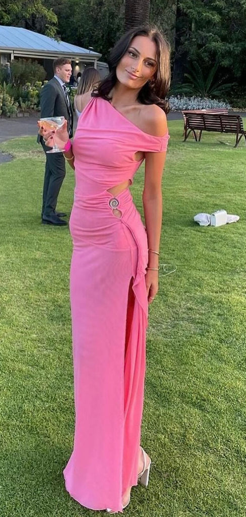 Elegant Pink One-Shoulder Mermaid Side Slit Long Prom Dress Ideas, Evening Party Dresses,WGP1825