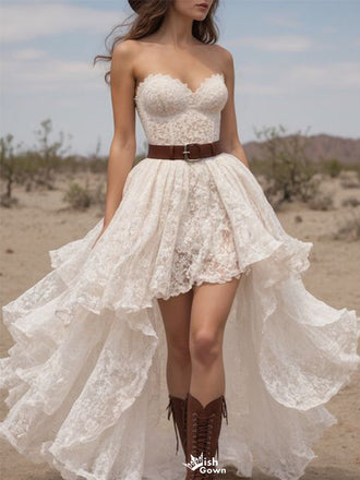 Unique High Low Lace Prom Dress Strapless Sweetheart A-Line Gown with Brown Leather Belt,WGP2047