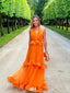 Unique Orange V-Neck A-Line Long Prom Dress Ideas, Evening Party Dresses,WGP1787