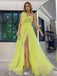 Unique Yellow One-Shoulder A-Line Side Slit Long Prom Dress Ideas, Evening Party Dresses,WGP1699