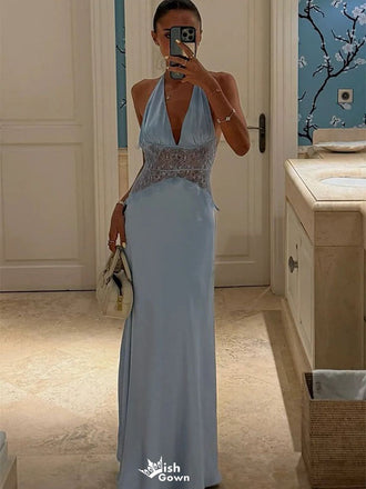 Modern Halter Prom Gown Sexy Lace Waist Sleeveless Satin Formal Maxi,WGP2177