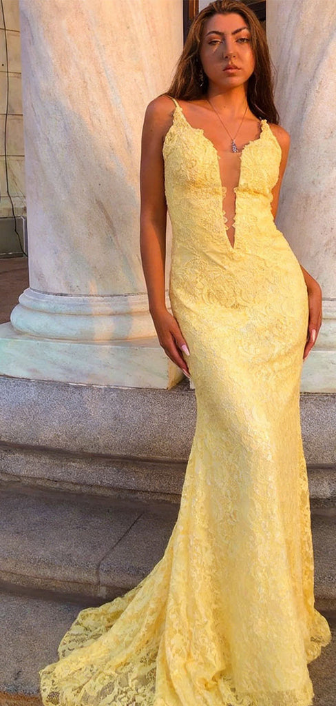 Unique Yellow Lace Applique Mermaid Prom Dress with Deep V-Neck Formal Gown,WGP2097