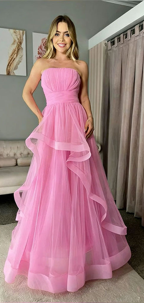 Elegant Pink Tulle Ball Gown Strapless Tiered Skirt Prom Party Dress Long,WGP2187