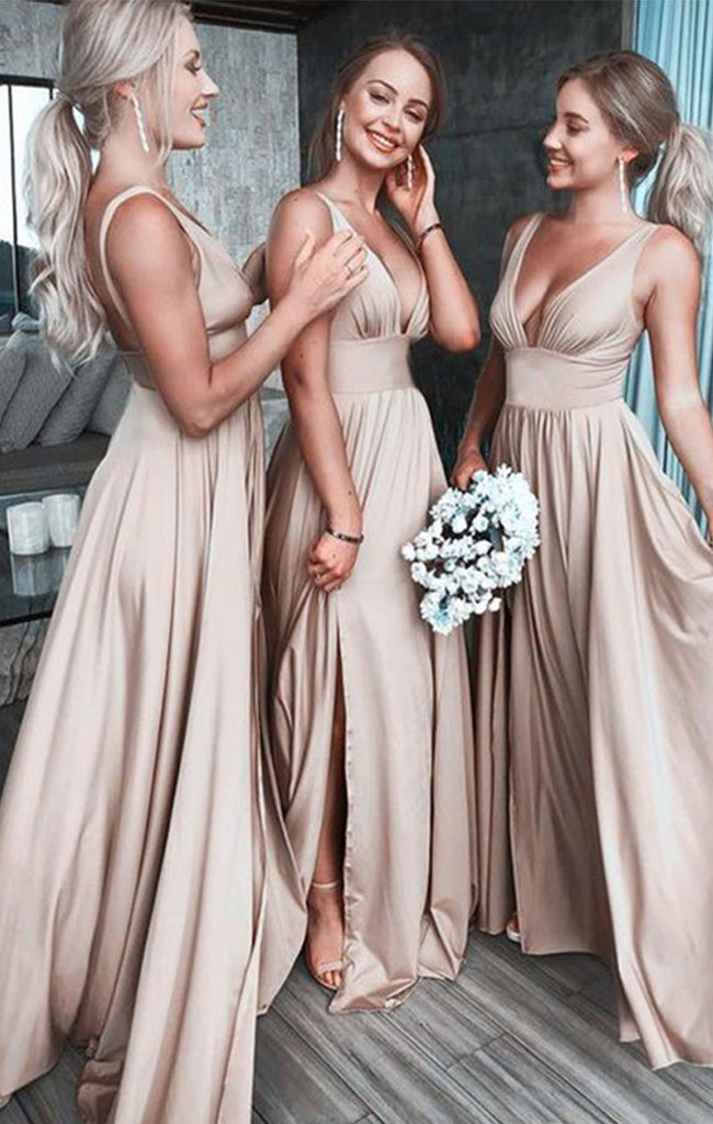 Elegant Champagne Spaghetti Strap Sleeveless A-Line Long Bridesmaid Dresses Online, WGM421