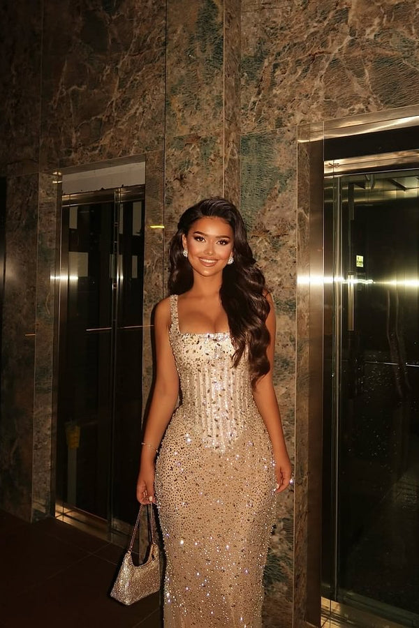 Sparkly Champagne Gold Sequin Prom Dress Fancy Square Sleeveless Formal Gown,WGP2069