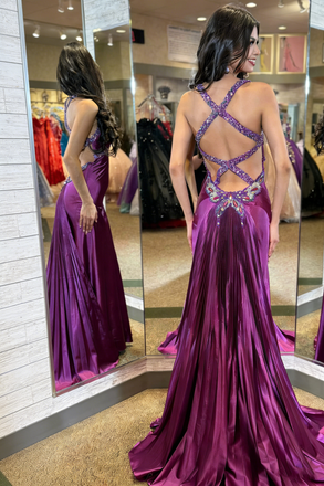 Unique Purple Spaghetti Strap Mermaid Side Slit Long Prom Dress Ideas, Evening Party Dresses, WGP2017