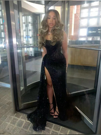 Sexy Black Sweetheart Mermiad Side Slit Long Prom Dress Ideas, Evening Party Dresses,WGP1650