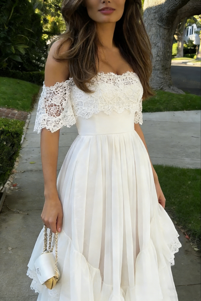 Unique White Lace Prom Gown Off-Shoulder Tiered A-Line Evening Dress,WGP2130